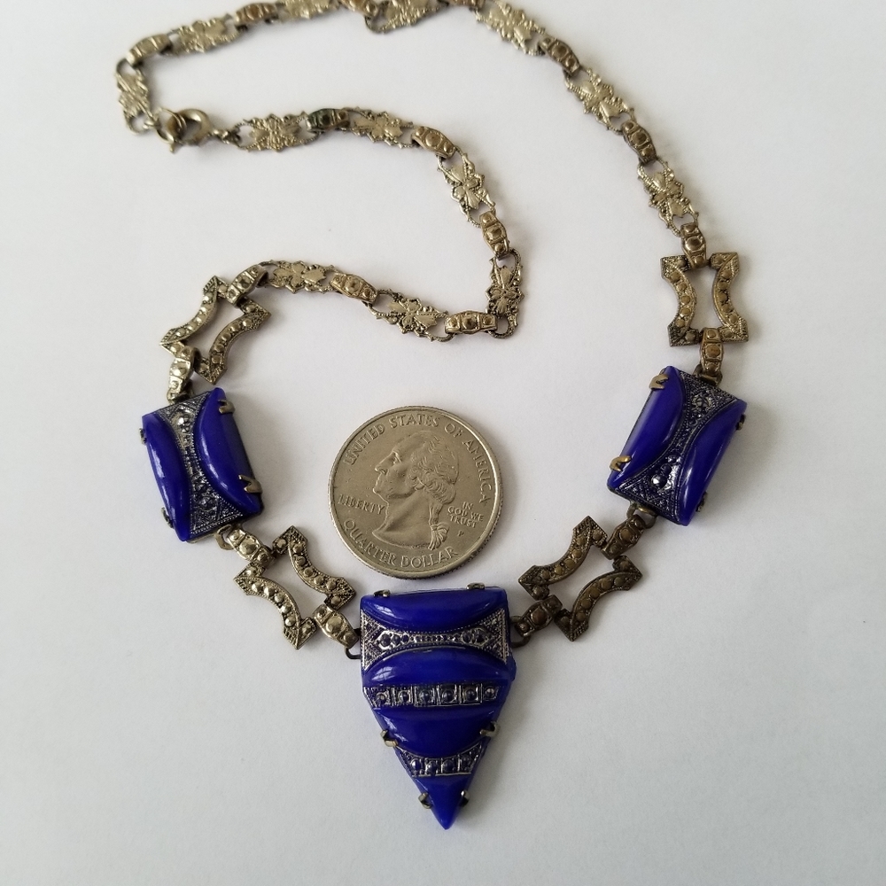 Relisted-Vintage Art Deco necklace blue glass silver tone choker - Picture 9 of 17